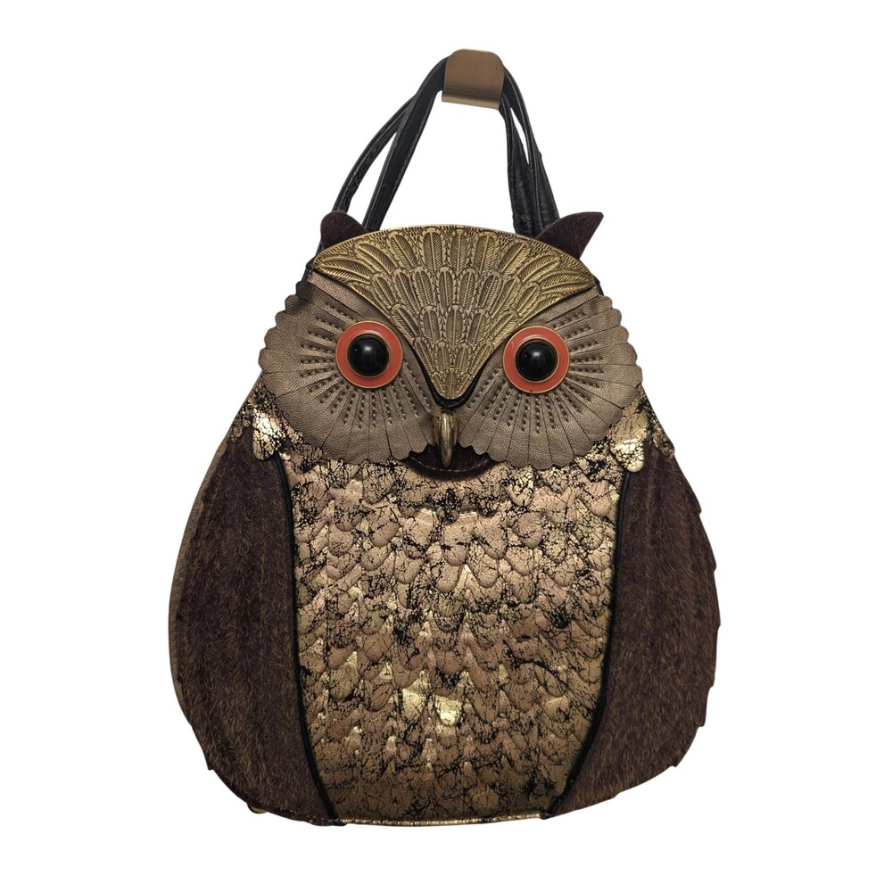 Owl Handbag Purse Gold Metallic Novelty Whimsical Boho Kitsch Top Handle Forest